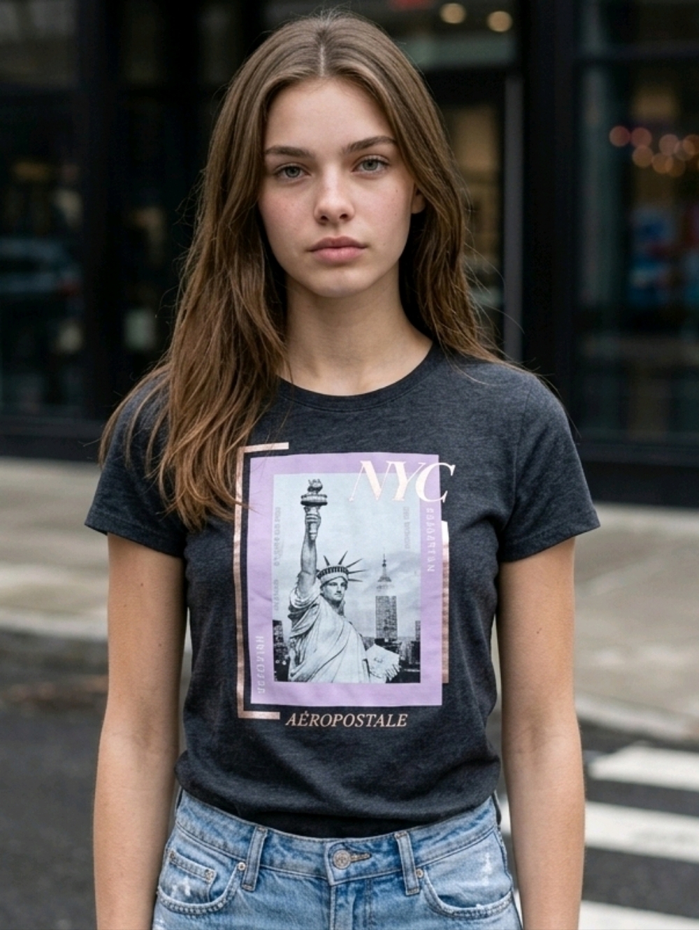 NWT Aeropostale Jr's Charcoal Heather Tee with Statue Of Liberty & NYC Boroughs